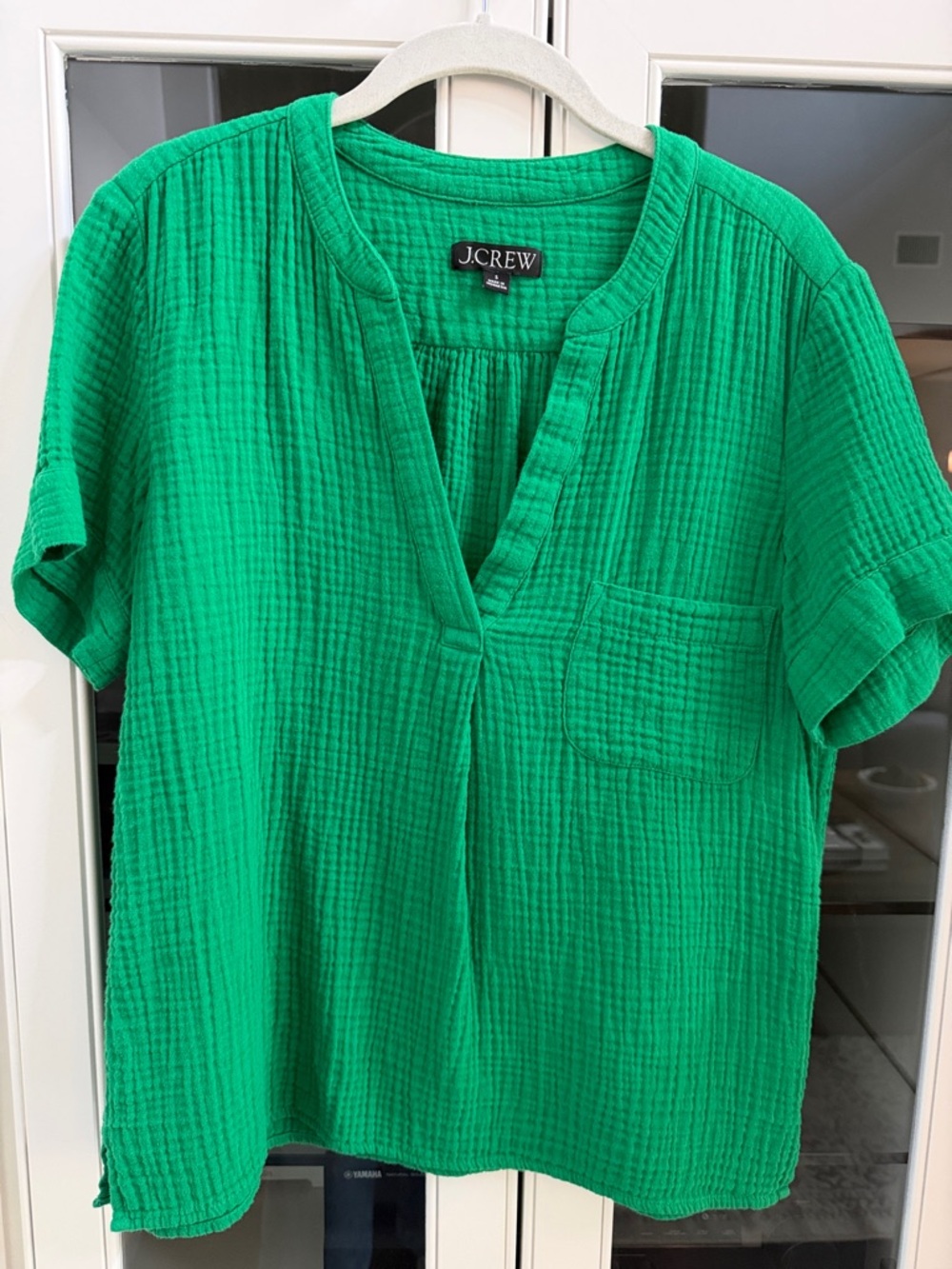 EUC J. Crew Emerald Green Cotton Gauze Split-Neck Top, Size Small
